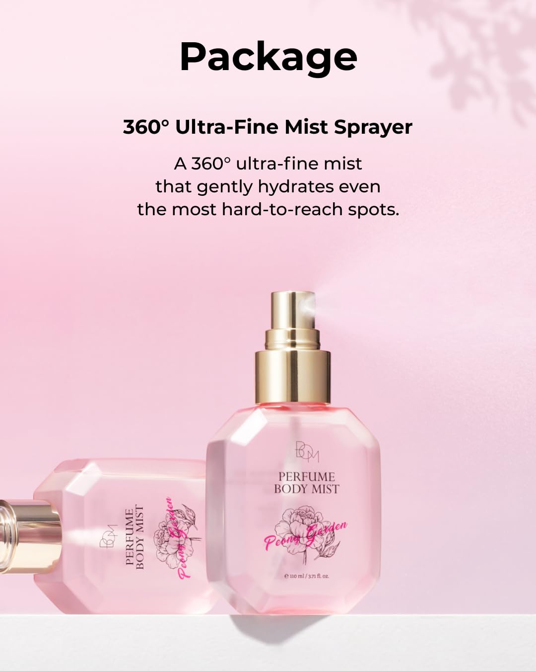 BOM Peony Garden Body Mist provides long-lasting fragrance with a light feel.