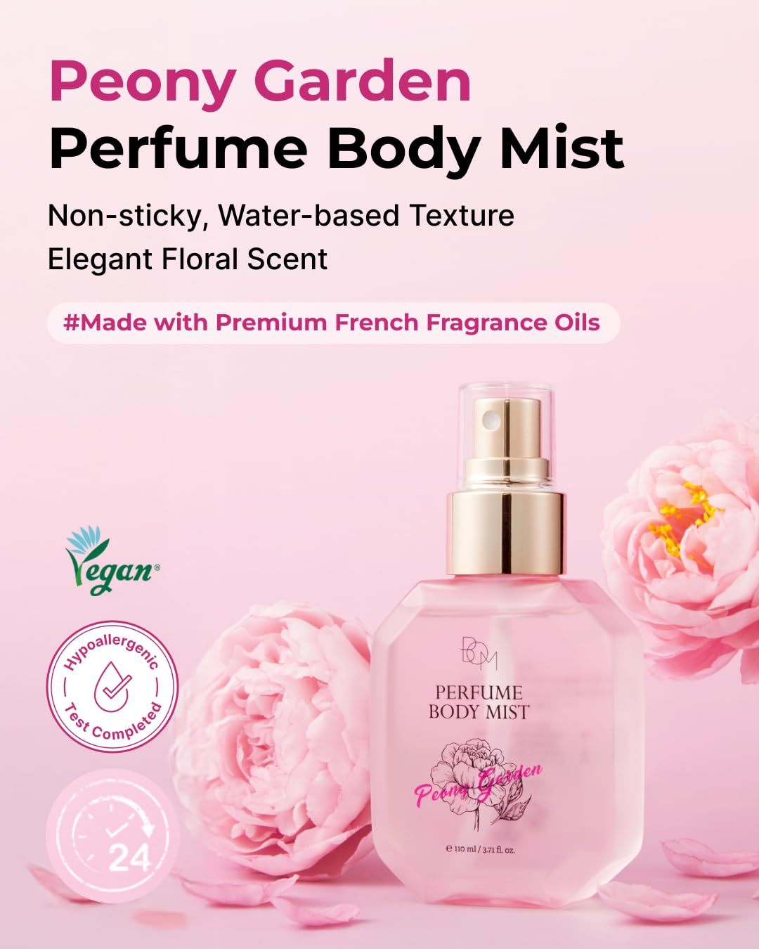 BOM Peony Garden Body Mist showing mist application for even skin refreshment.