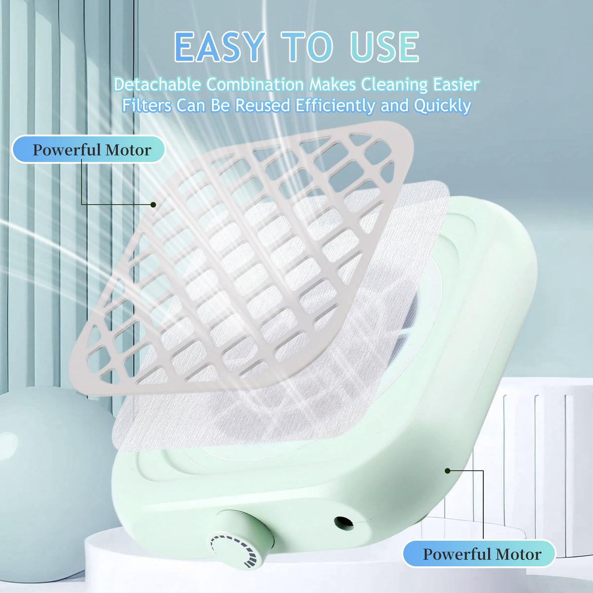 Magnetic mesh cover on BOMOQING dust collector enables fast cleaning.