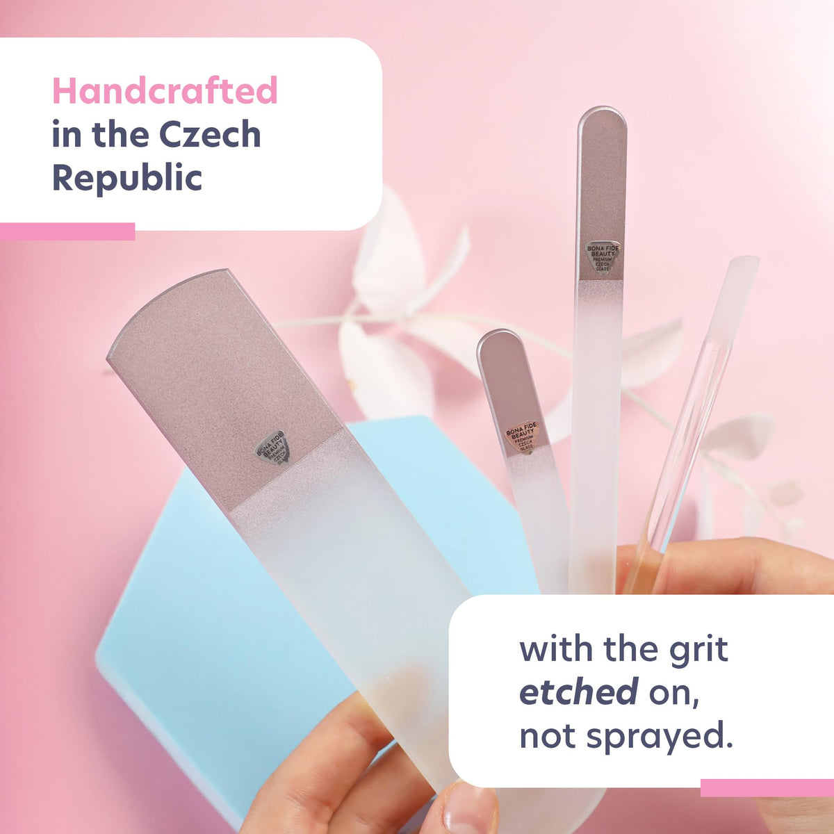 Bona Fide Beauty clear glass cuticle pusher for precise, hygienic cuticle care