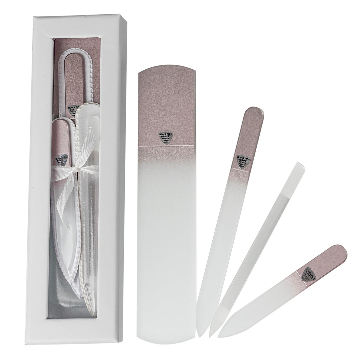 Bona Fide Beauty Czech glass foot file in rose gold for smooth heels and salon-like care