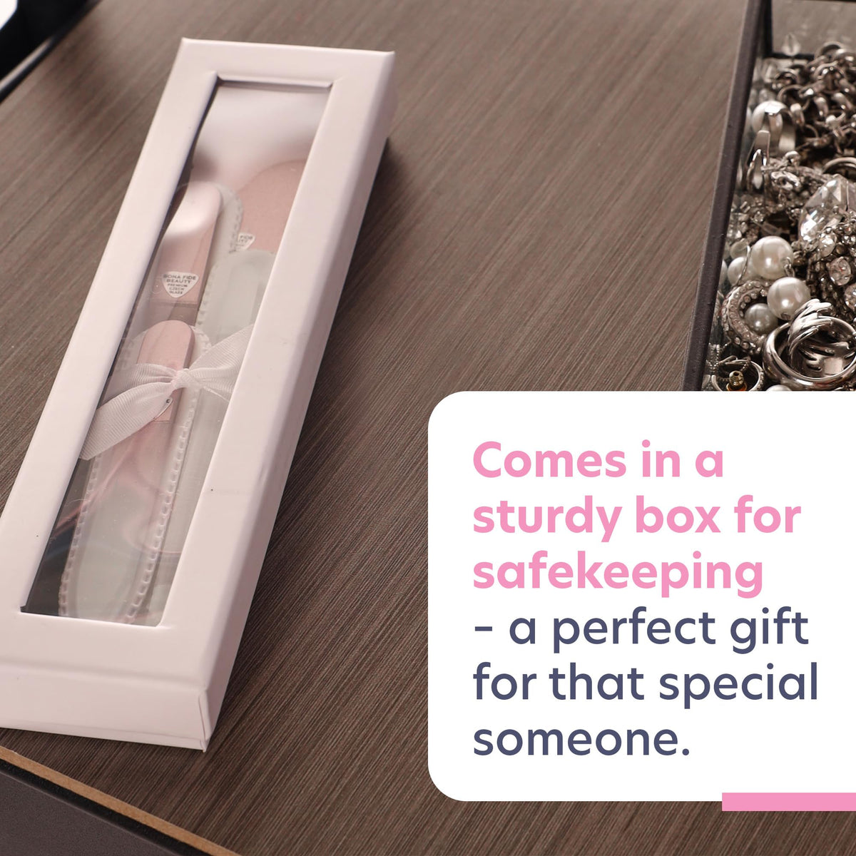 Bona Fide Beauty travel-size glass nail file rose gold for on-the-go manicure touch-ups