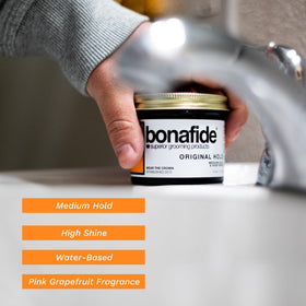 Bona Fide Pomade, water-based formula, easy wash-out with non-flaking control.
