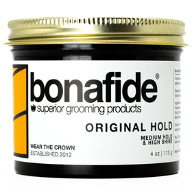 Bona Fide Pomade Original Hold bottle, medium hold and high shine for versatile styling.