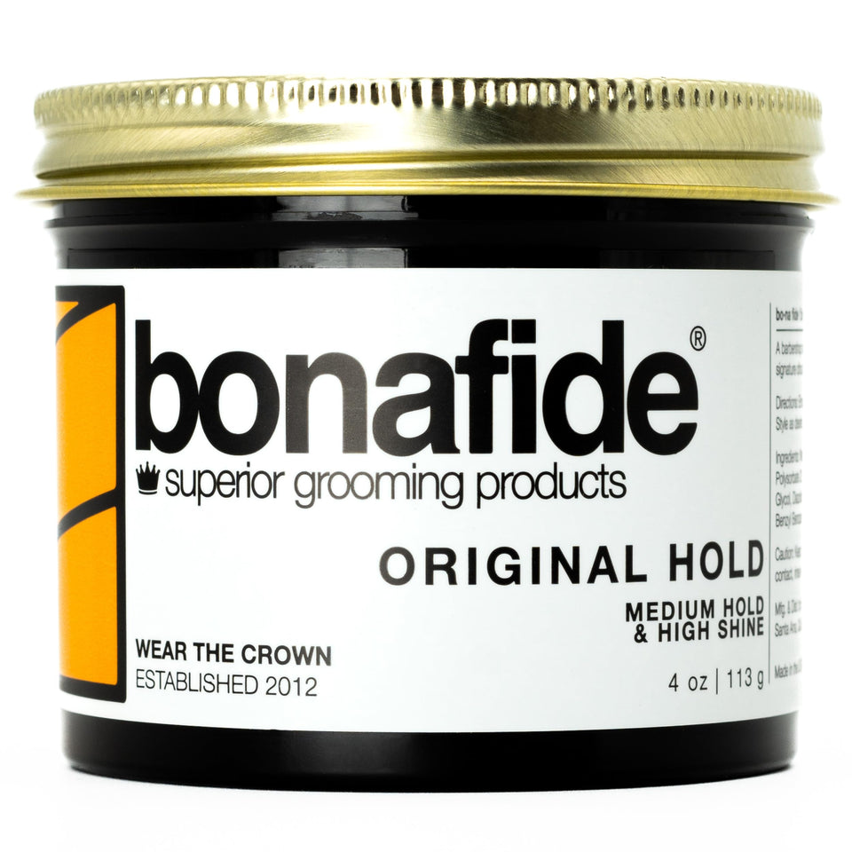 Bona Fide Pomade Original Hold bottle, medium hold and high shine for versatile styling.