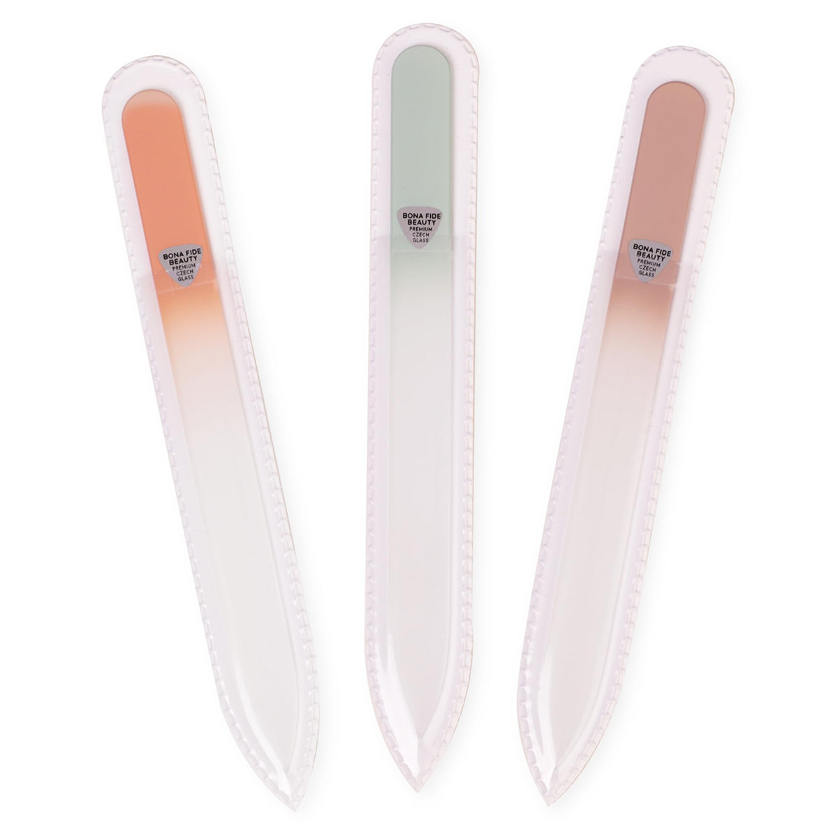 Bona Fide Beauty Czech glass nail file set, three-piece display for at-home manicure.