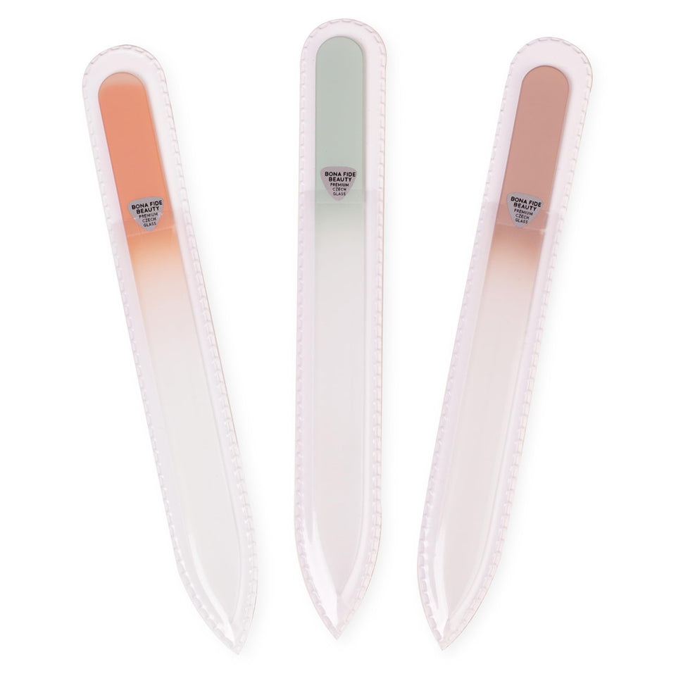 Bona Fide Beauty Czech glass nail file set, three-piece display for at-home manicure.