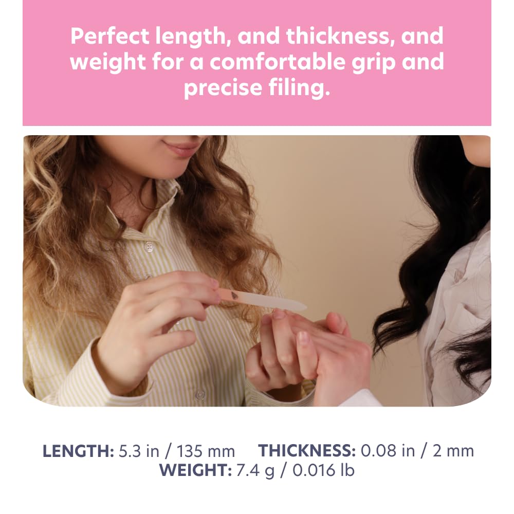 Bona Fide Beauty nail file in use, dual-direction filing for precise shaping.