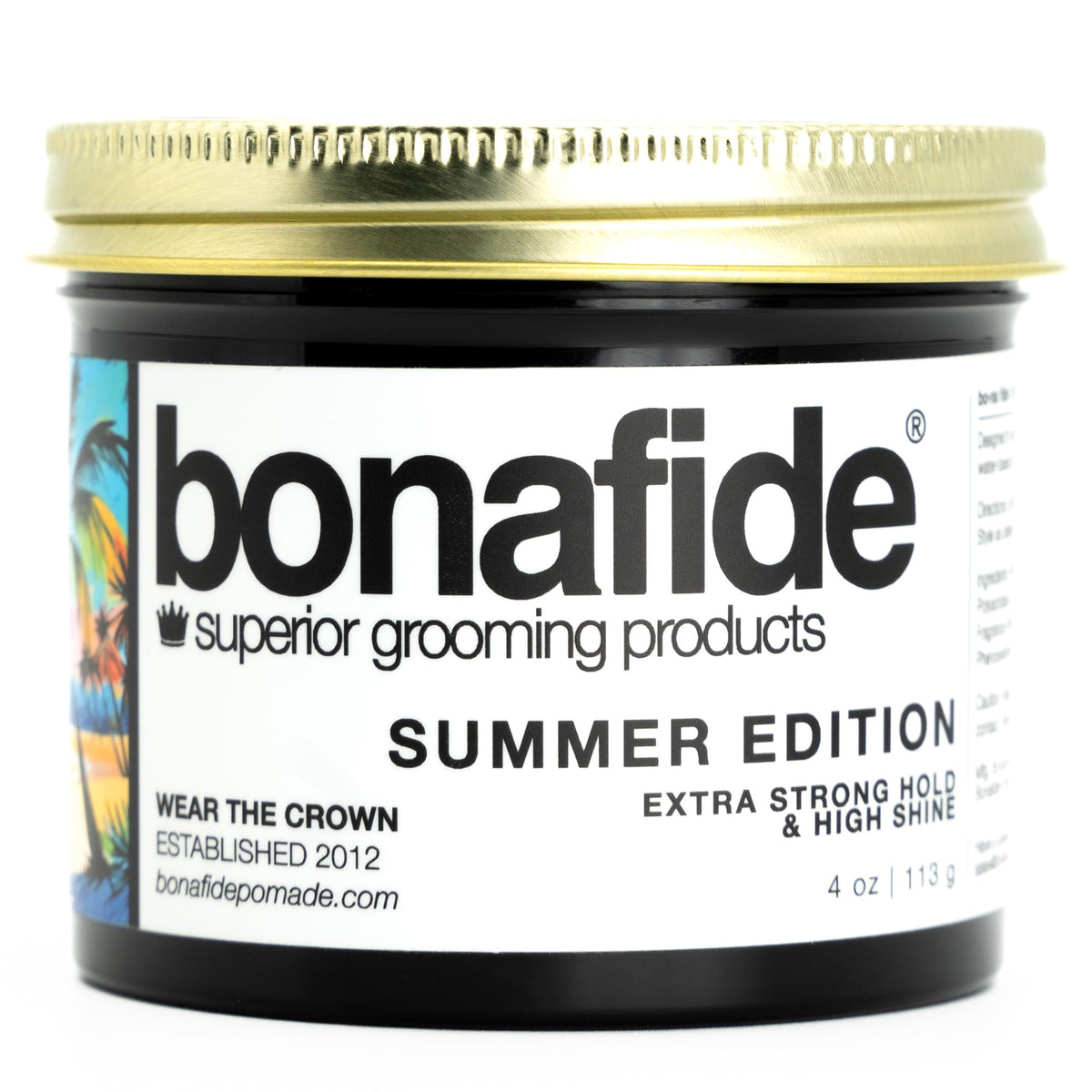 Bona Fide Pomade Summer Edition bottle front with lasting shine.