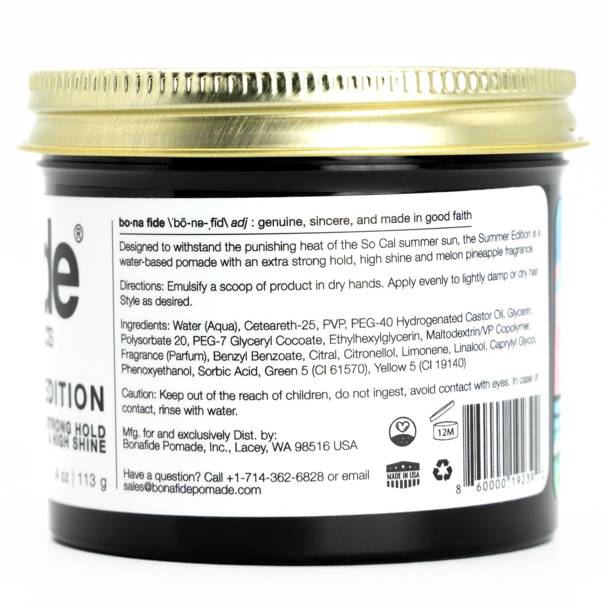 Bona Fide Pomade Summer Edition packaging and 4 oz size for travel.