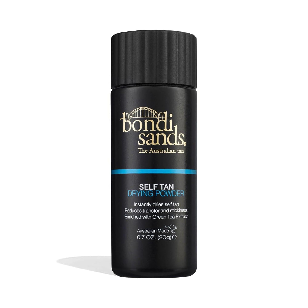 Bondi Sands Self Tan Drying Powder jar close-up, quick-drying action for a crease-free tan.
