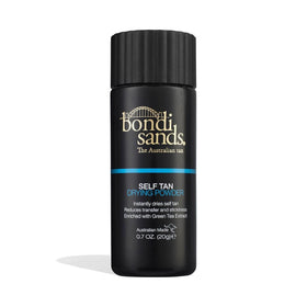 Bondi Sands Self Tan Drying Powder jar close-up, quick-drying action for a crease-free tan.