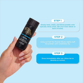 Bondi Sands Self Tan Drying Powder packaging label highlights green tea extract for skin-friendly care.