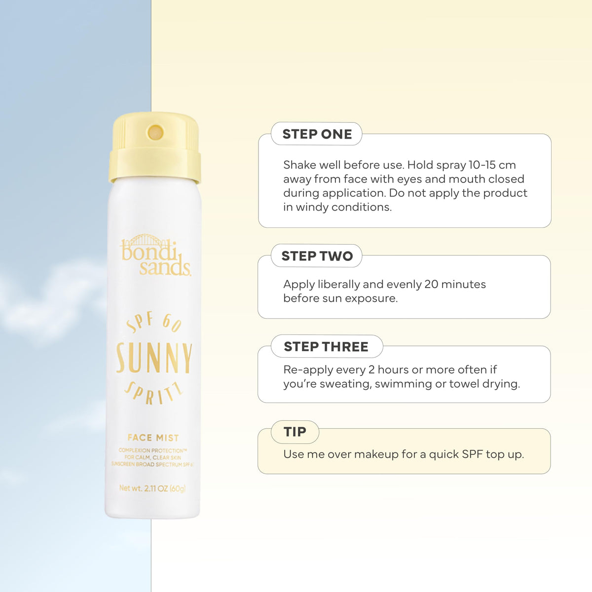 Bondi Sands Sunny Spritz SPF 60 water resistant formula during outdoor activities