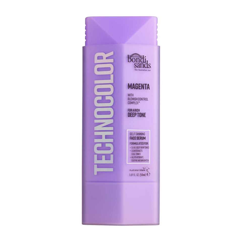 Bondi Sands Technocolor Face Serum bottle showing fragrance-free hydration for a natural tan base