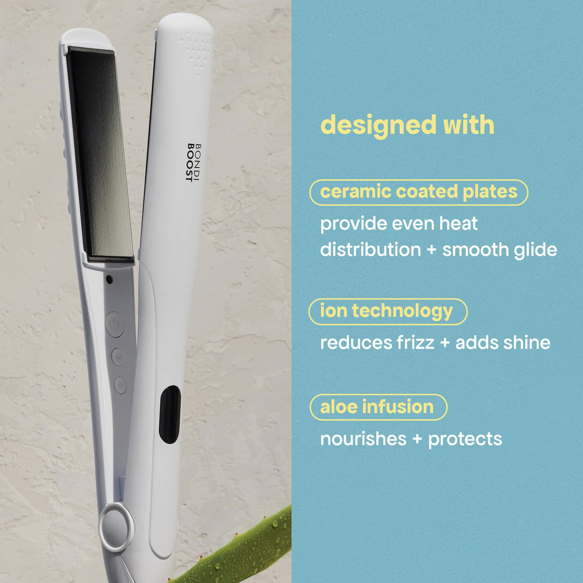 BondiBoost Aloe Plated Flat Iron 1inch plates close-up with aloe-infused coating