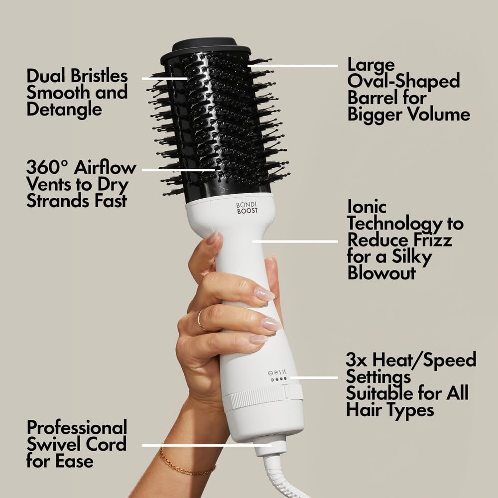 BondiBoost Blowout Brush Pro 1200-watt power speeds drying and styling.