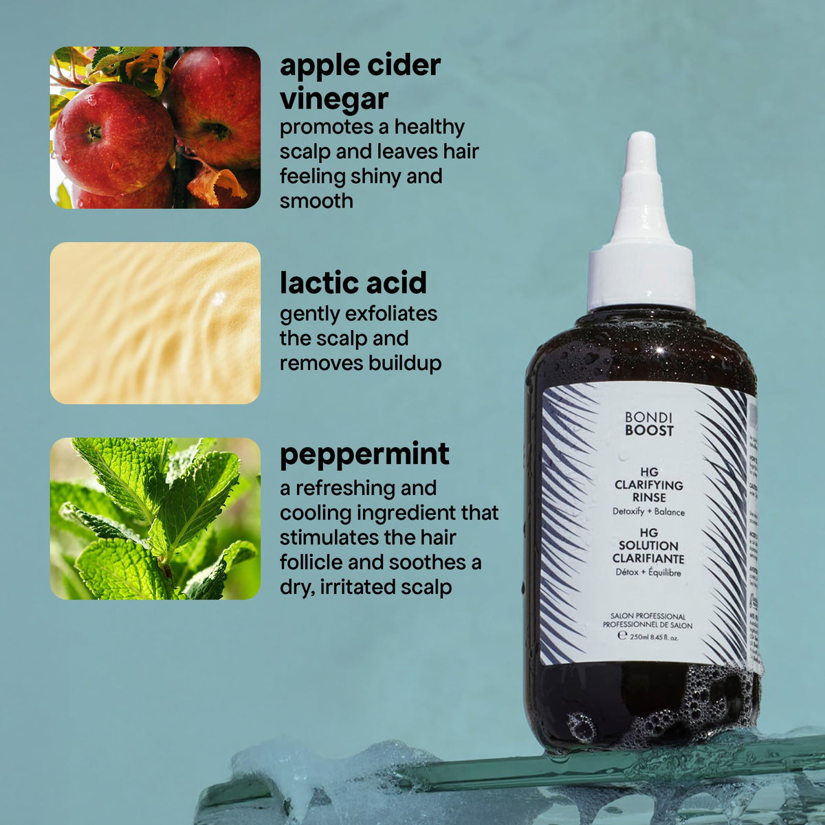 BondiBoost HG Clarifying Rinse allergen-free label reinforces safe, clean care.