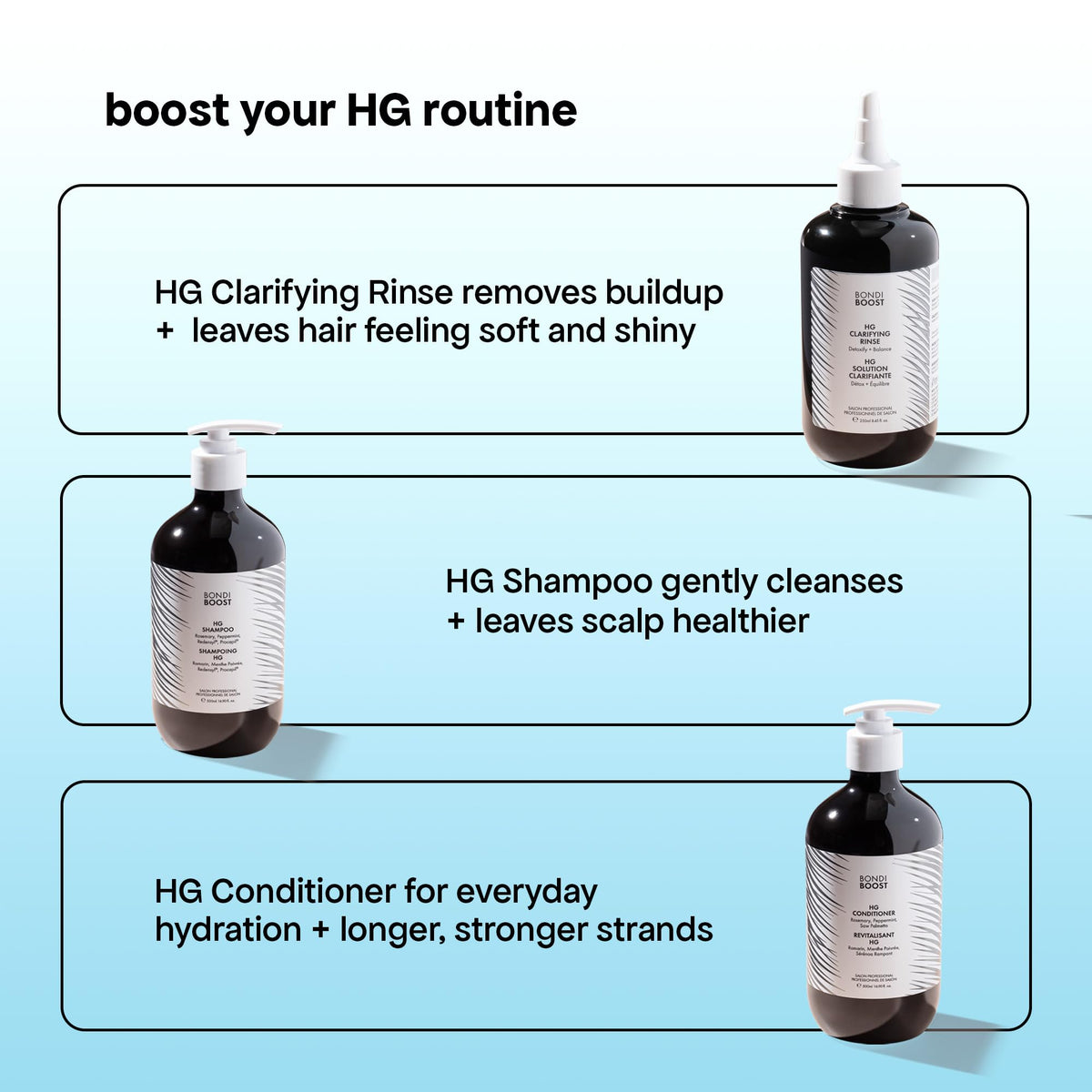 BondiBoost HG Clarifying Rinse lifestyle shot in bathroom suggests daily scalp care.