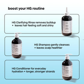 BondiBoost HG Clarifying Rinse lifestyle shot in bathroom suggests daily scalp care.