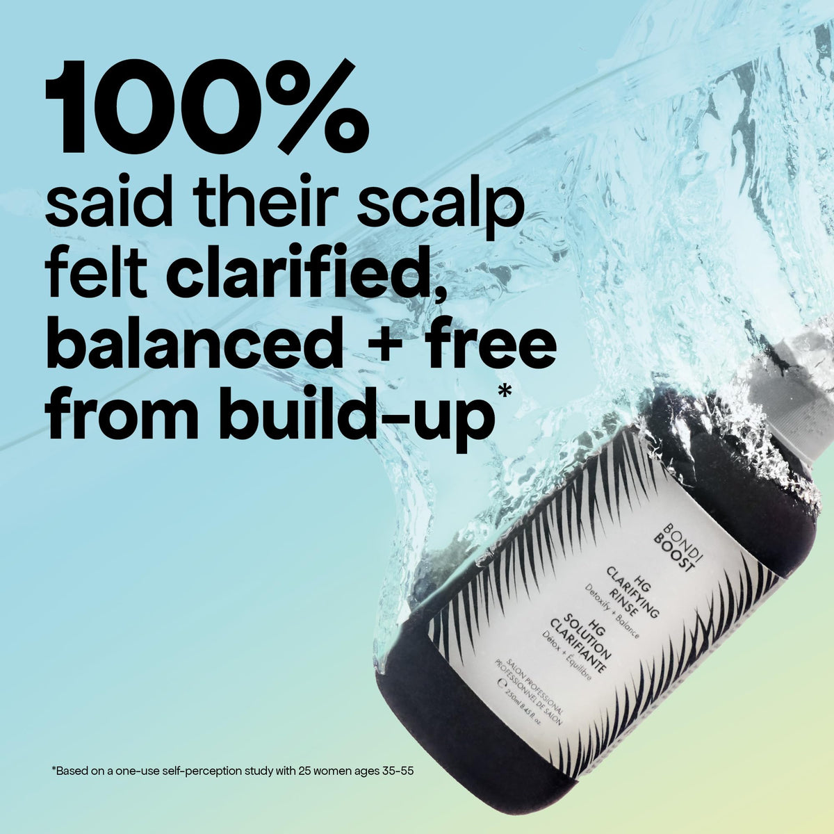BondiBoost HG Clarifying Rinse packaging close-up confirms vegan, cruelty-free formula.