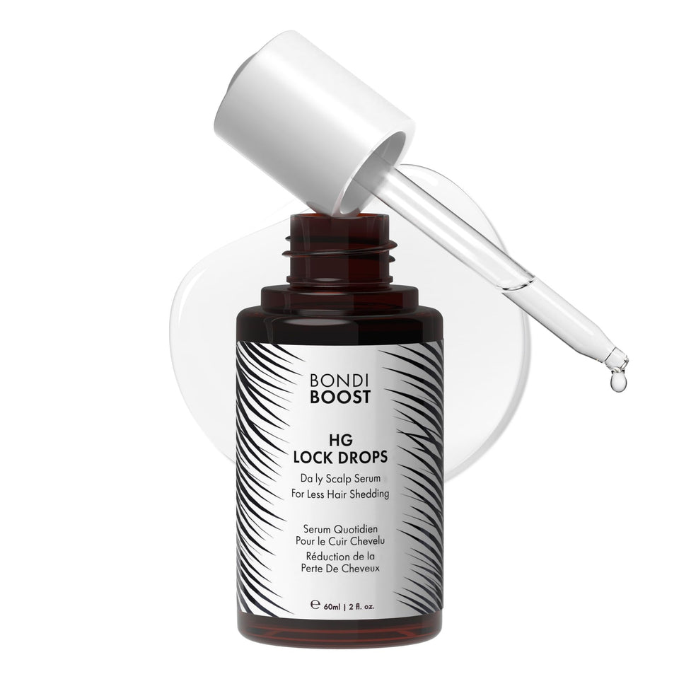 BondiBoost HG Lock Drops bottle ready for daily scalp application.