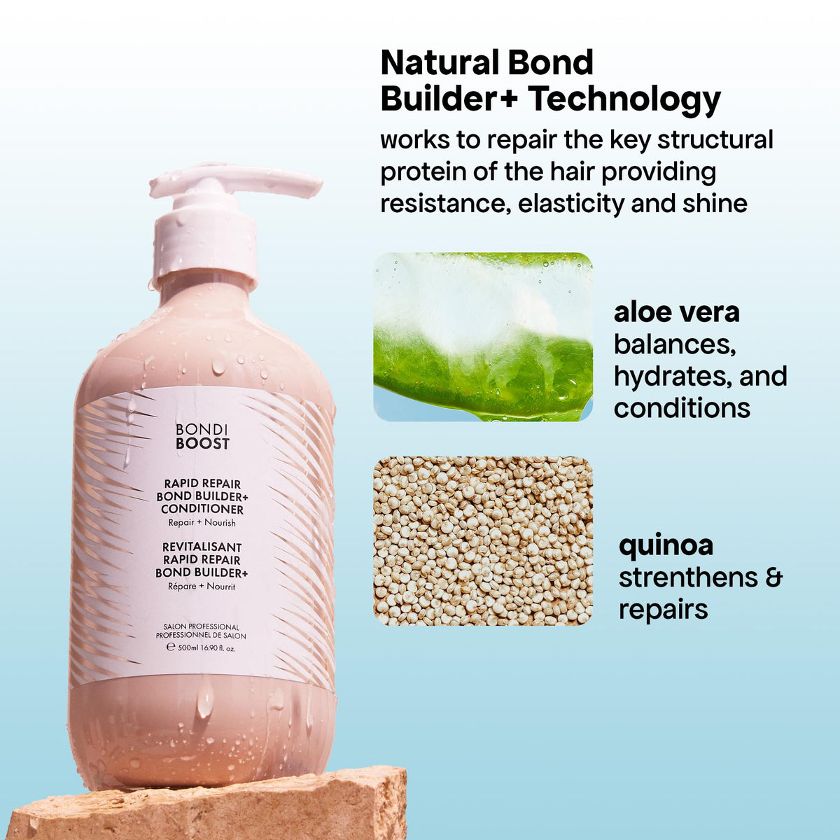 BONDIBOOST Rapid Repair bottle with cap closed showing vegan, silicone-free formula packaging