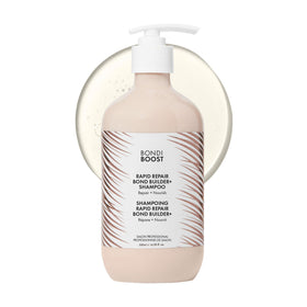 BondiBoost Rapid Repair bottle pour view showing creamy formula for damage repair