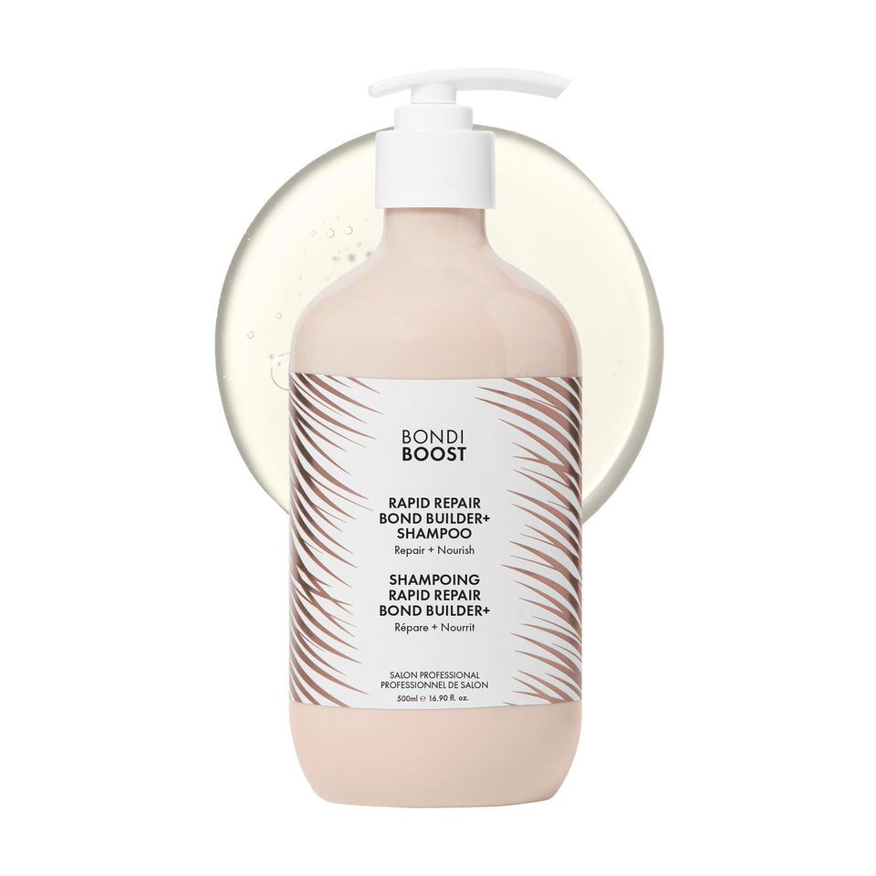 BondiBoost Rapid Repair bottle pour view showing creamy formula for damage repair