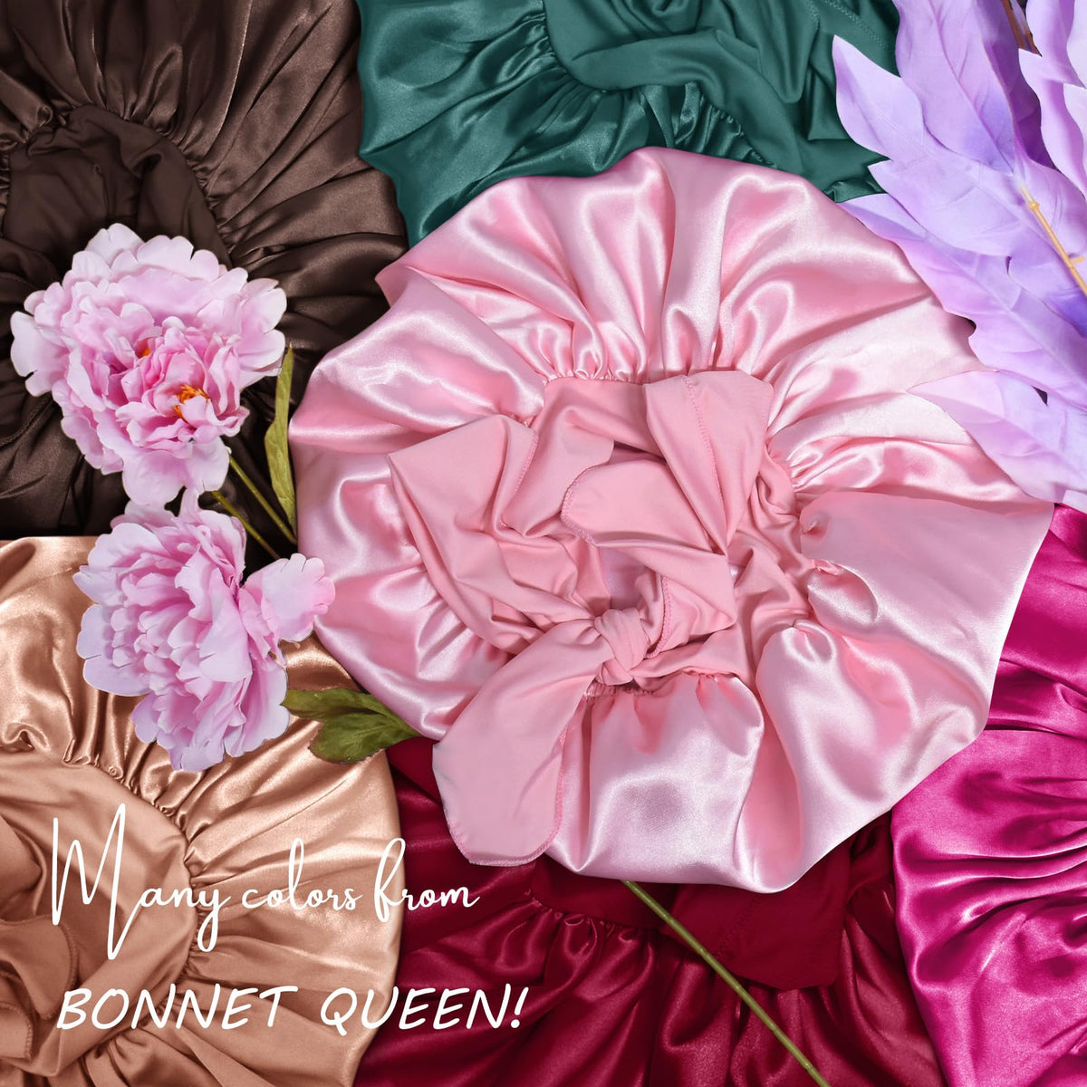 BONNET QUEEN bow-tie band styling creates a chic look in a sleeping bonnet