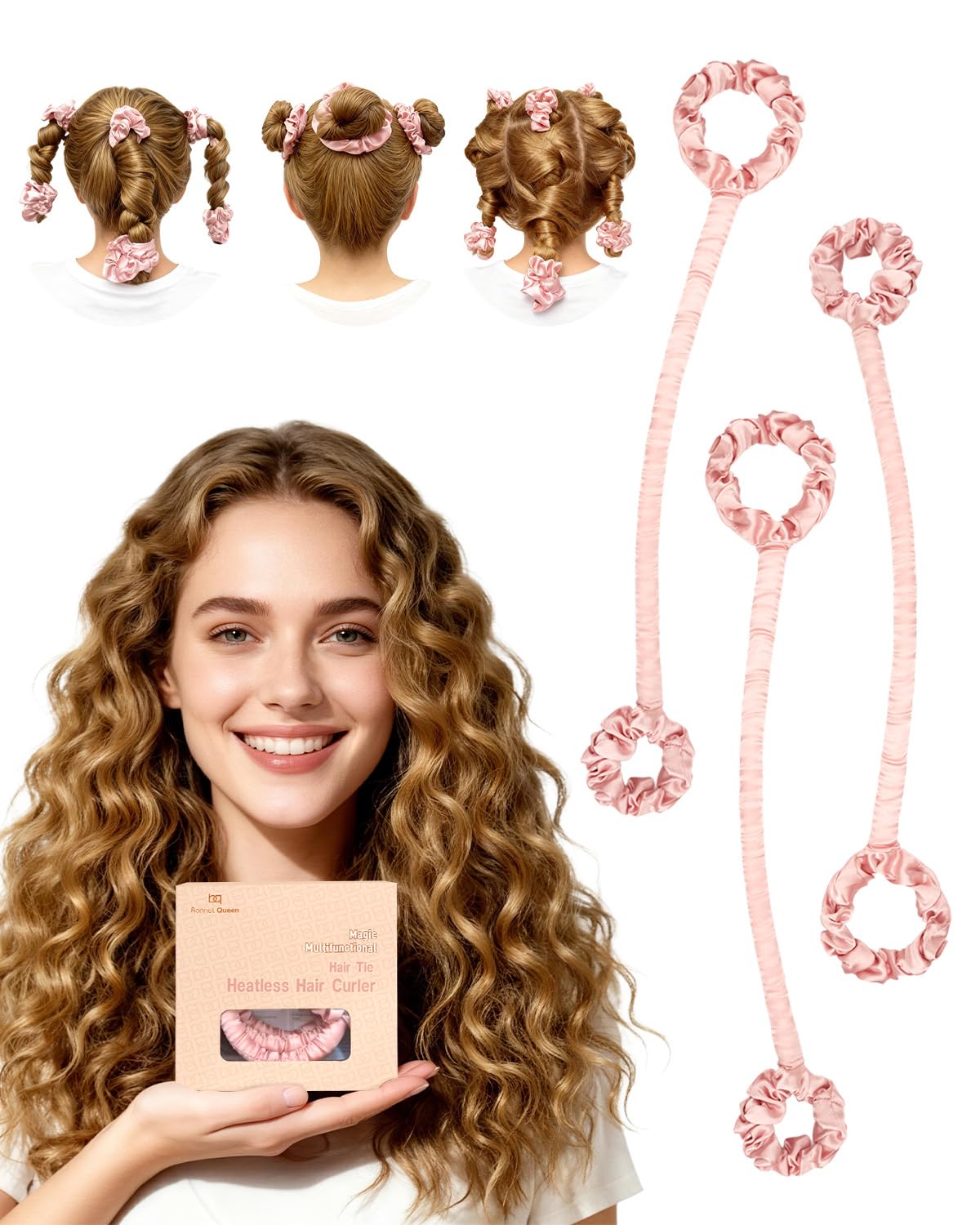 BONNET QUEEN heatless curler set with cream pink packaging, gentle on hair, overnight curls