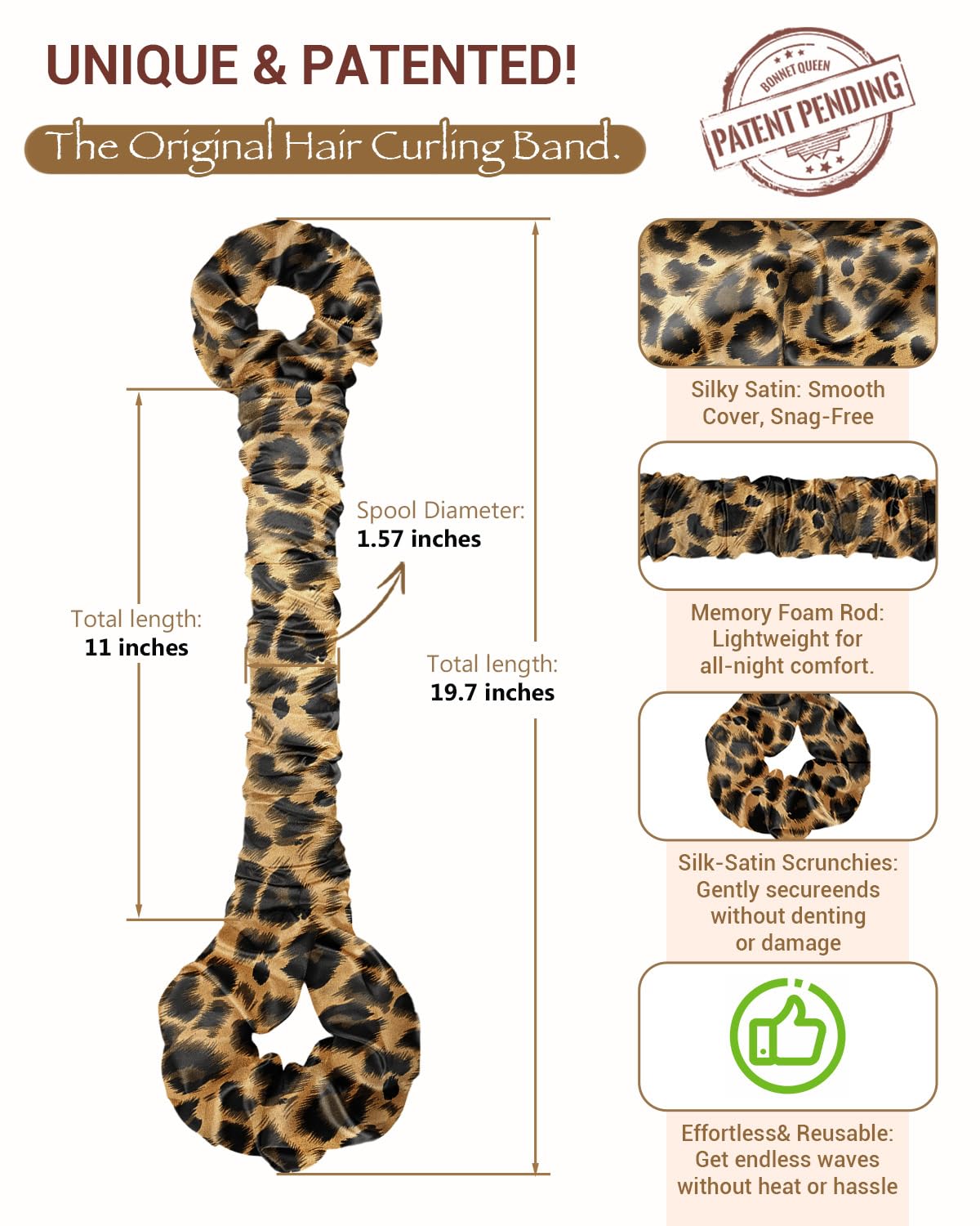 Bonnet Queen leopard satin curler closeup showing soft material and grip.