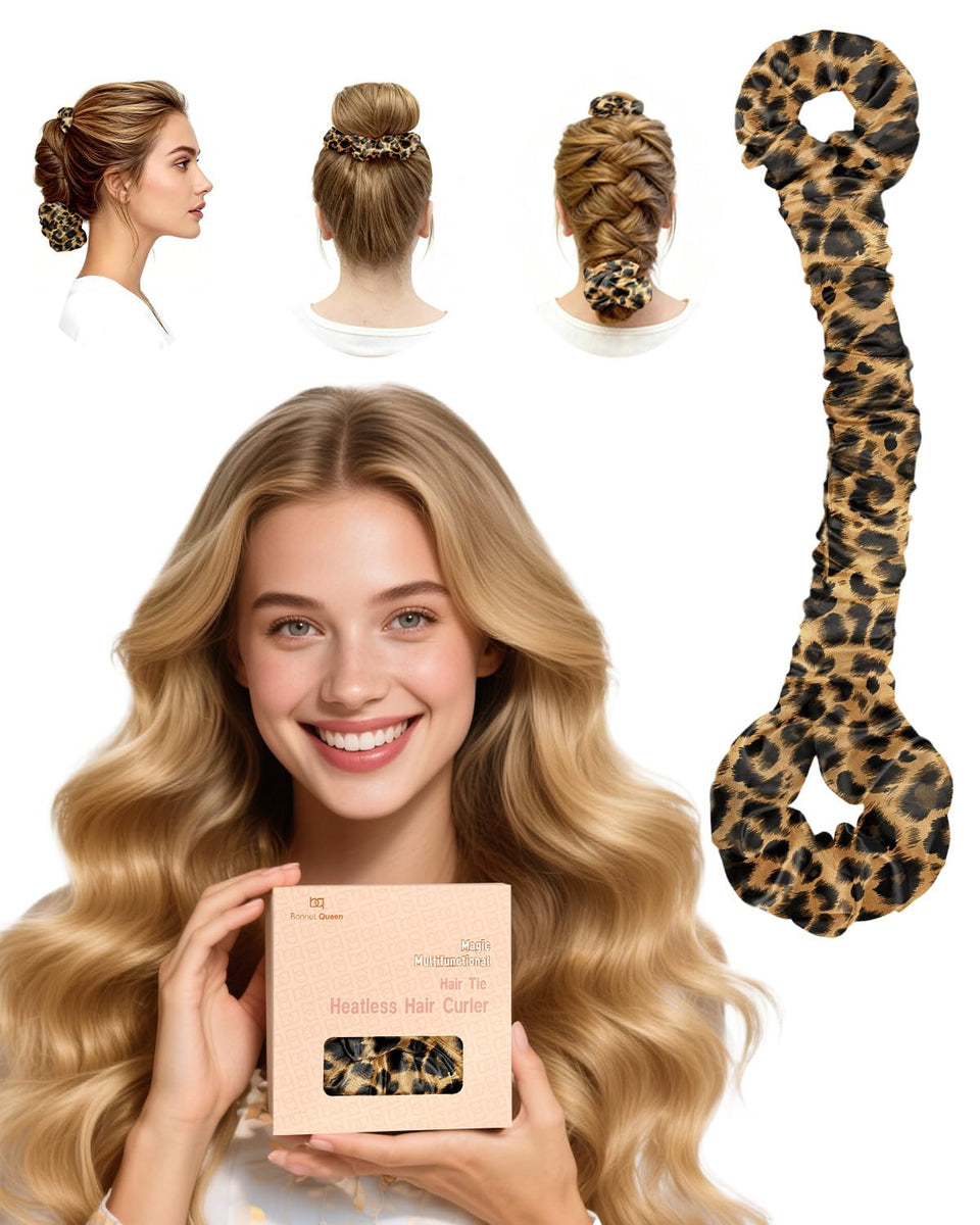 BONNET QUEEN satin heatless curler in leopard for overnight big curls.
