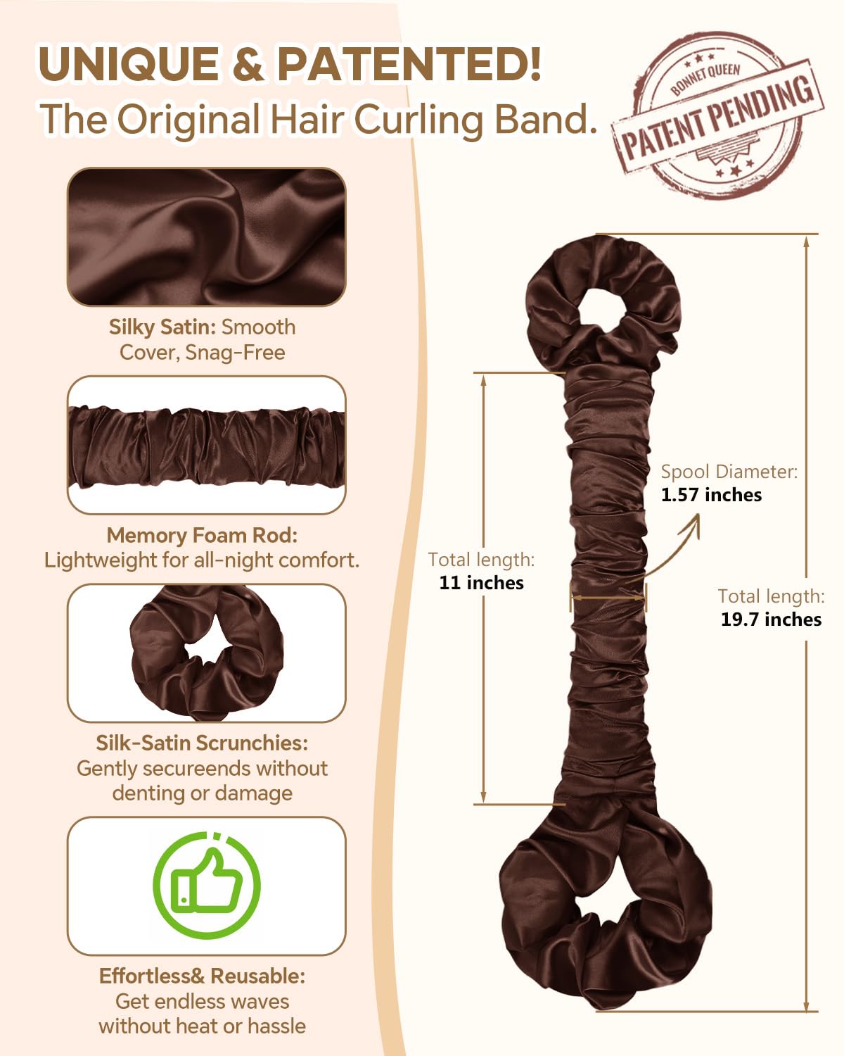 BONNET QUEEN satin curler rod close-up highlighting smooth satin for gentle wrapping