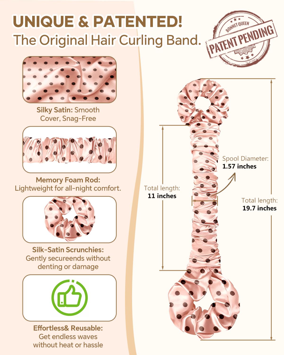BONNET QUEEN satin heatless curler wrap demonstrates smooth wrapping with no snag.