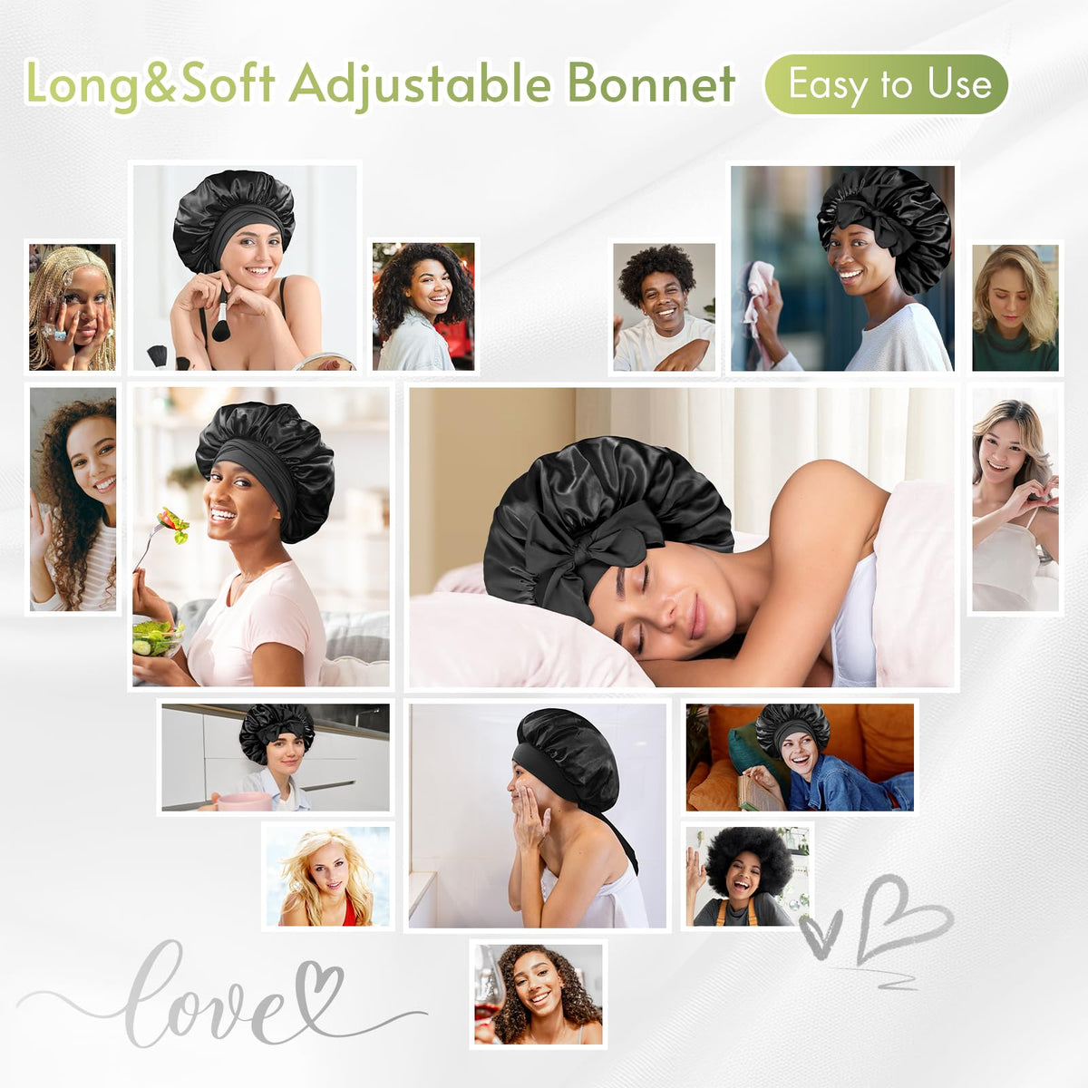 BONNET QUEEN satin sleep cap close-up highlights gentle satin sheen for hair care