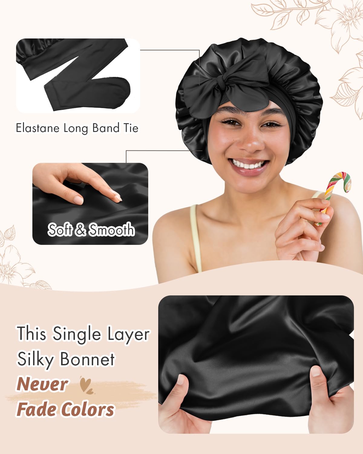 Stretchy band detail on Bonnet Queen satin bonnet ensures secure fit