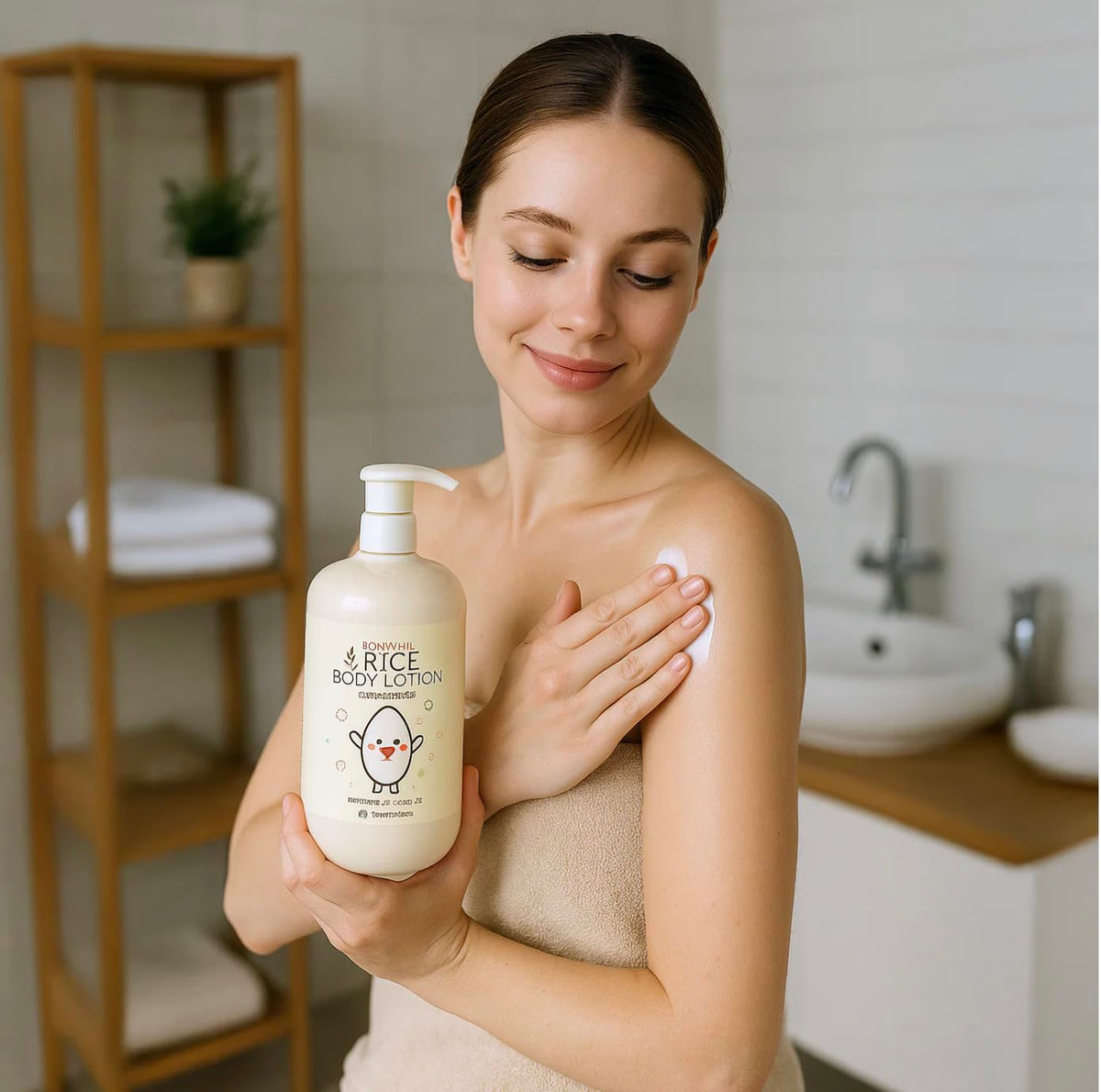 BonnyHill Rice Body Lotion packaging with seal-inspired design on counter display.