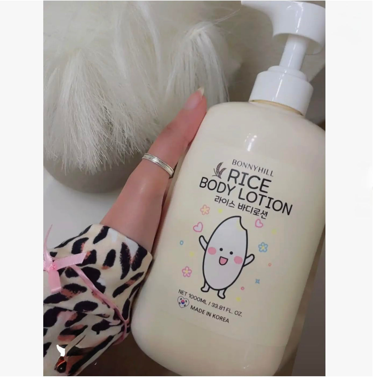 BonnyHill Rice Body Lotion being massaged into skin for smooth hydration.