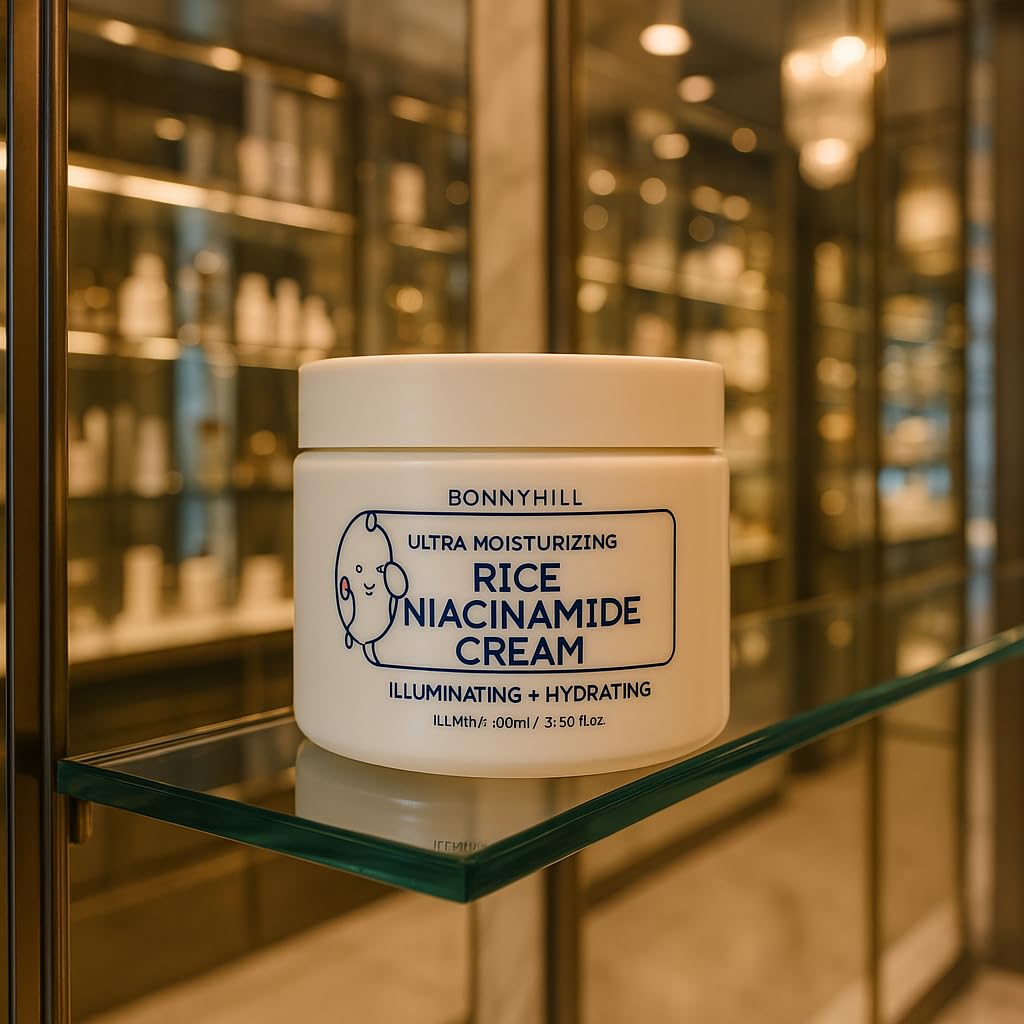 BonnyHill Rice Niacinamide Cream jar closeup highlights lightweight, non greasy formula