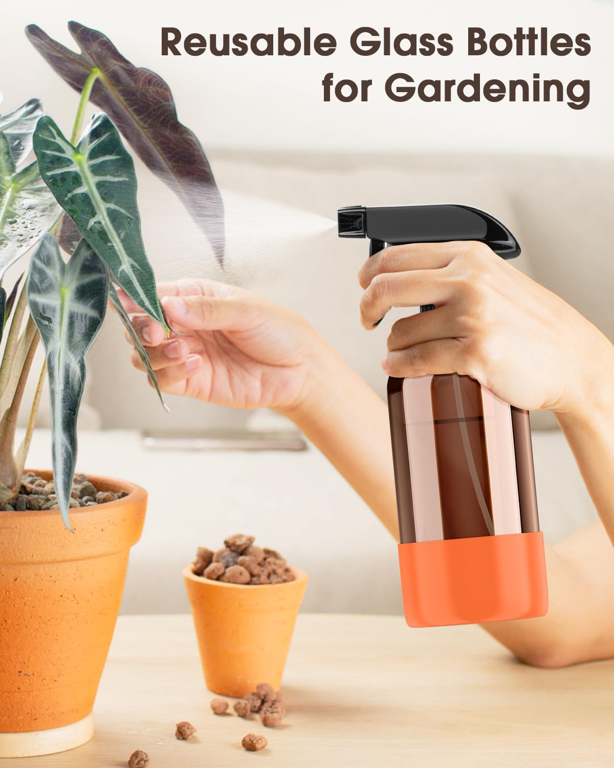 Bontip lifestyle scene with amber glass bottles for home care tasks