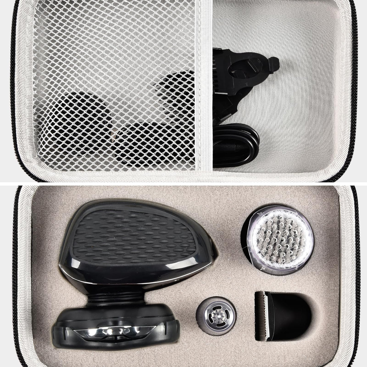 Boobowl case featuring soft foam inserts — securely holds shaver, trimmer, and heads