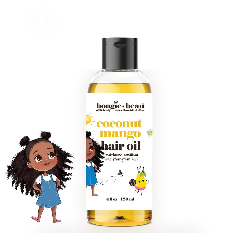 Boogie and Bean Kids Hair Oil bottle provides lightweight moisture for curls