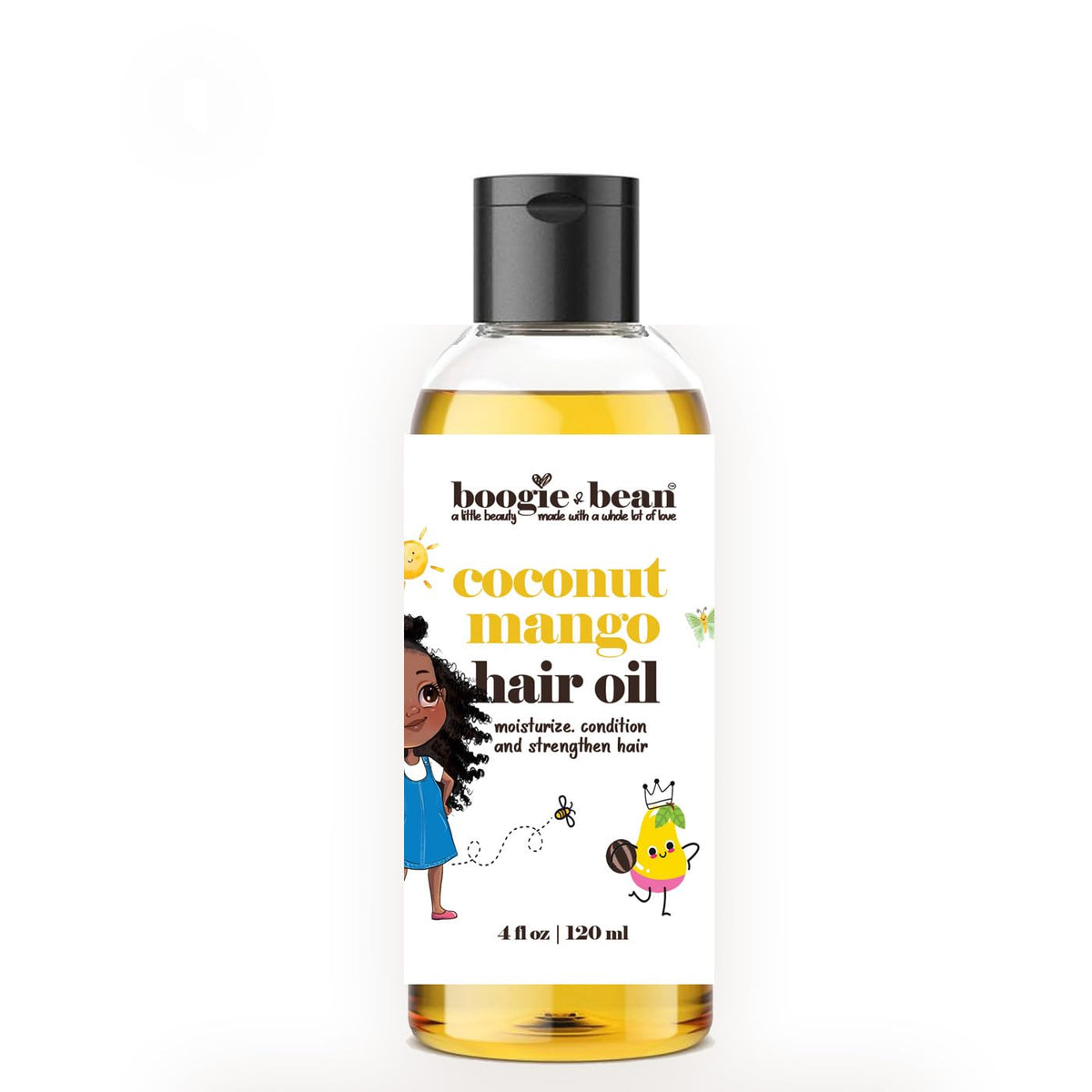 Boogie and Bean Kids Hair Oil label closeup highlighting natural, non-GMO ingredients