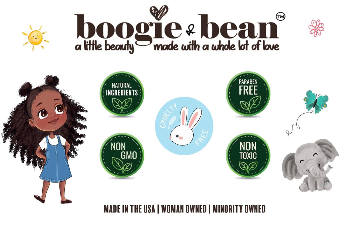 Boogie and Bean natural oils coconut mango butter delivers nourishing shine for lively hair.
