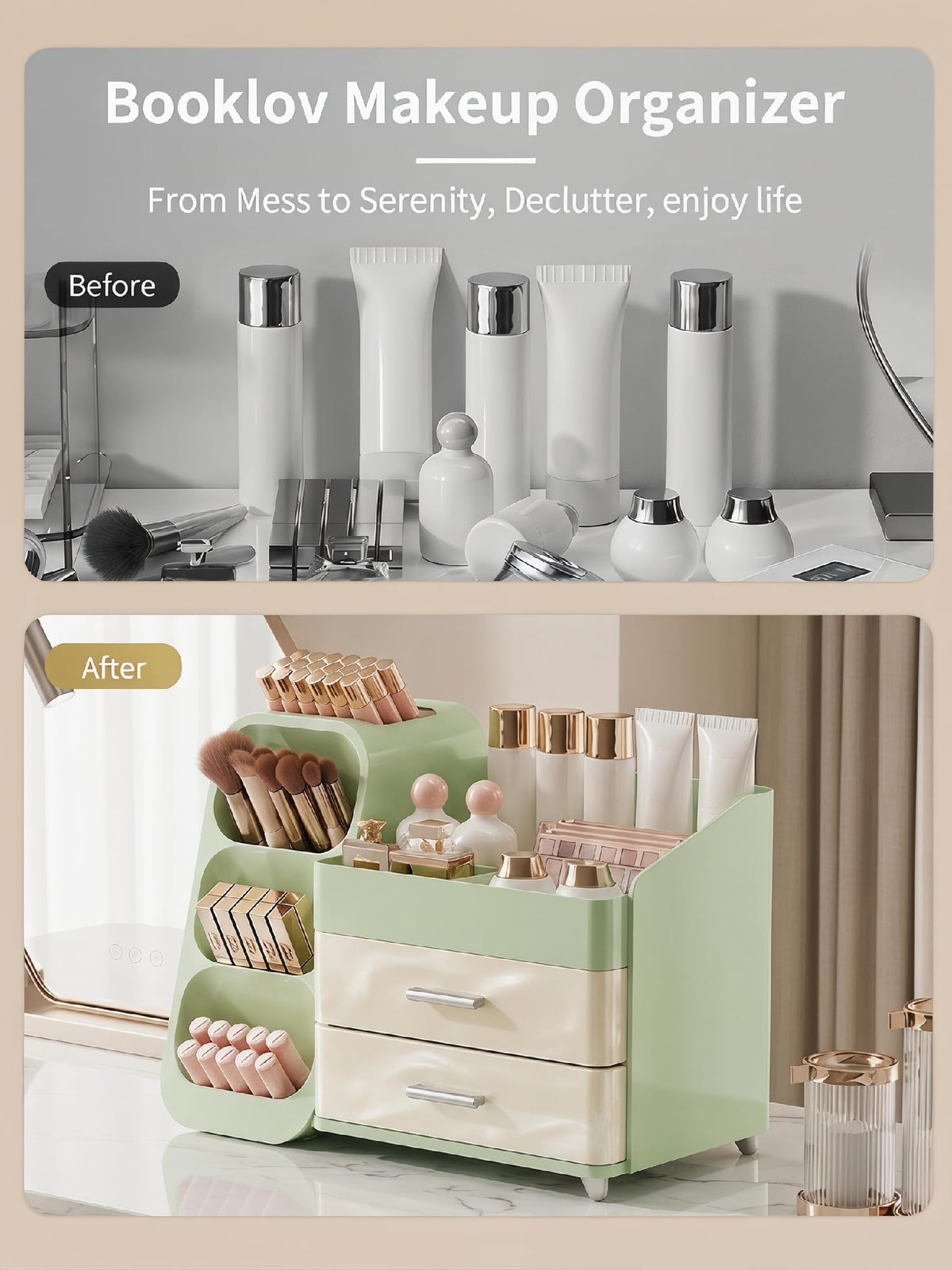 Booklov makeup organizer crafted from crystal-clear acrylic and ABS