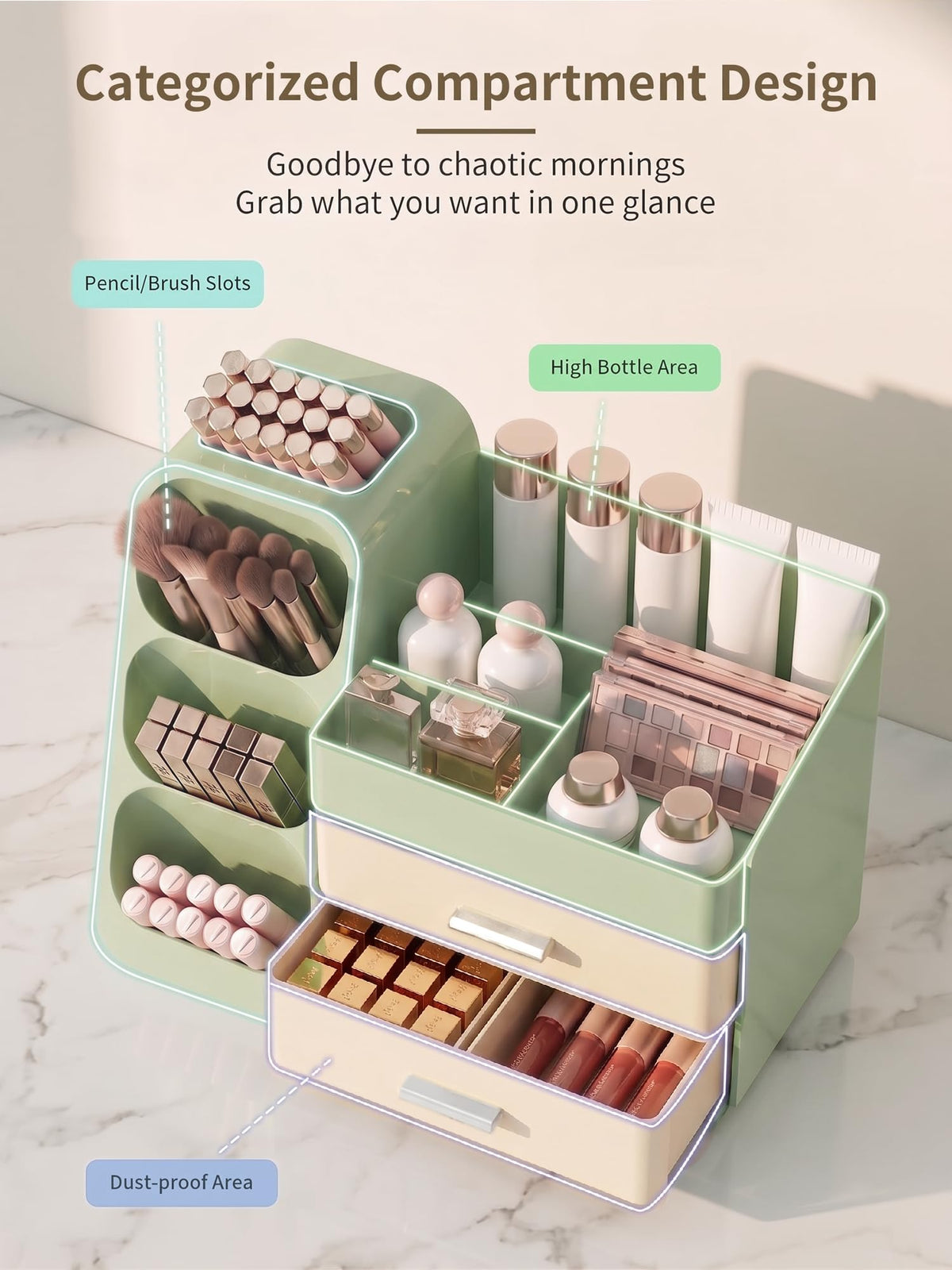 Booklov makeup organizer with dust-proof base keeps cosmetics clean and stable