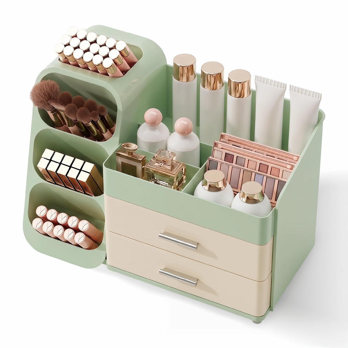 Booklov makeup organizer with tall bottles ready for easy access on a tidy vanity