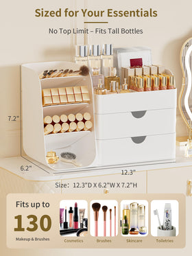 Booklov makeup organizer fits tall skincare bottles up to nine inches tall.