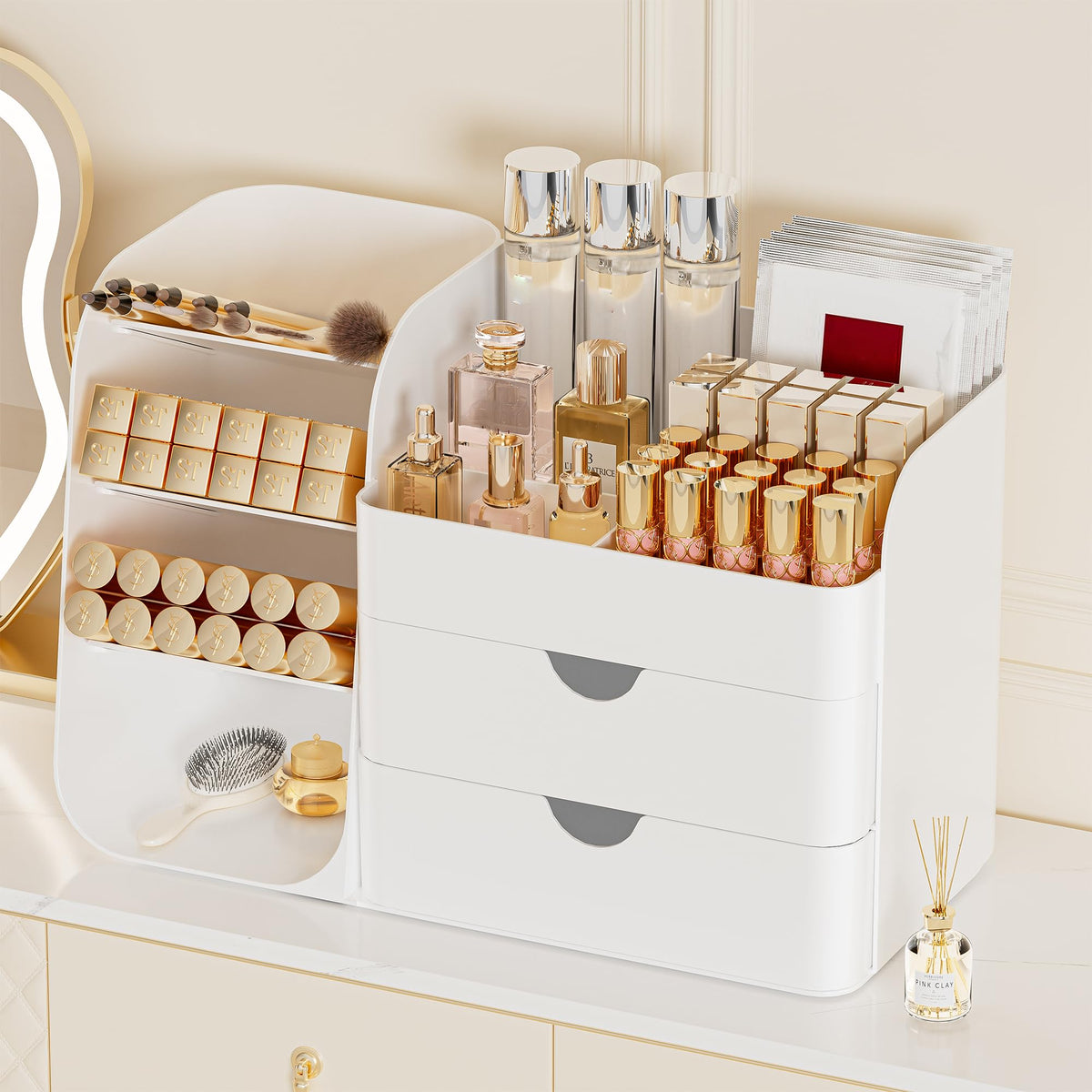 Booklov makeup organizer with top compartments and drawers for easy access.